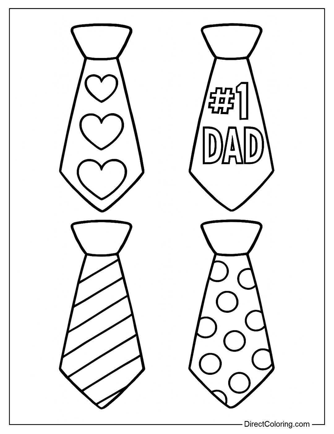 Coloring page of various ties with humorous motifs such as a heart shape, the words #1 Dad